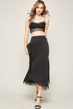 Black Satin Lace Midi Skirt - Black