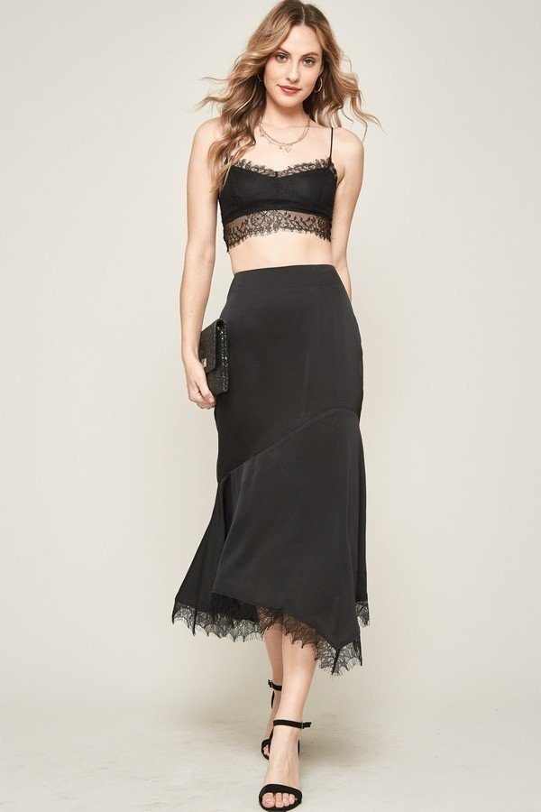 Black Satin Lace Midi Skirt - Black