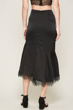 Black Satin Lace Midi Skirt -