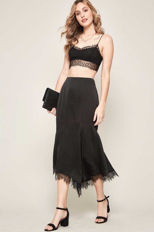 Black Satin Lace Midi Skirt -
