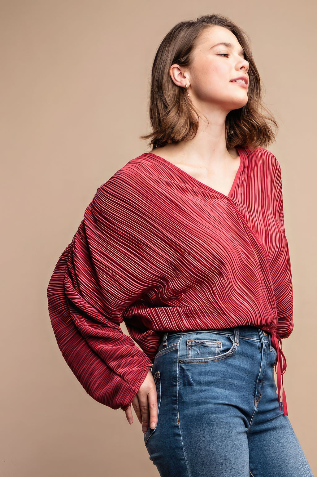 Burgundy Pleated Wrap Drawstring Blouse -