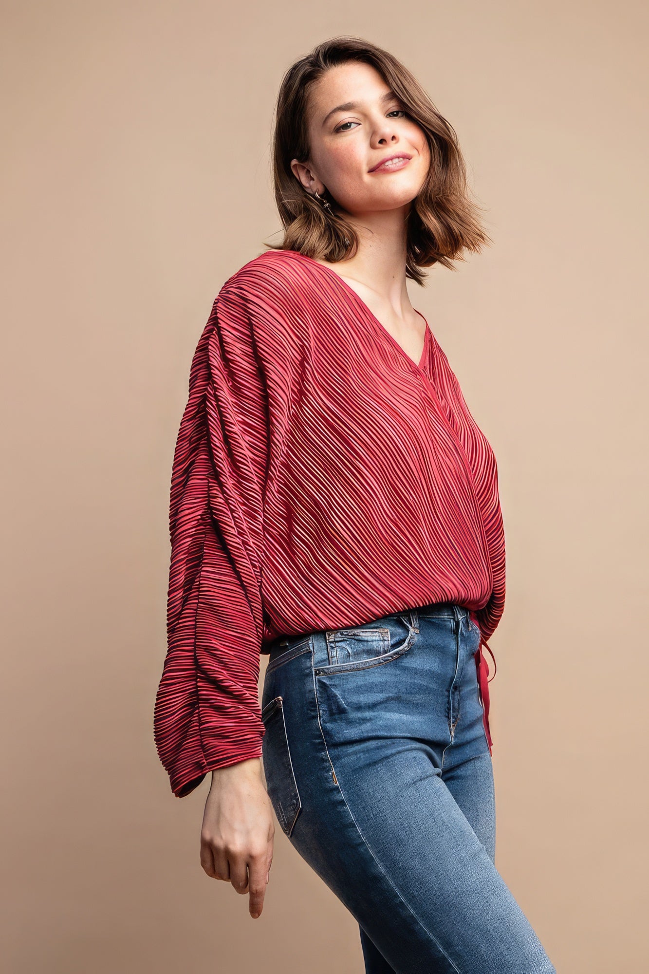 Burgundy Pleated Wrap Drawstring Blouse -