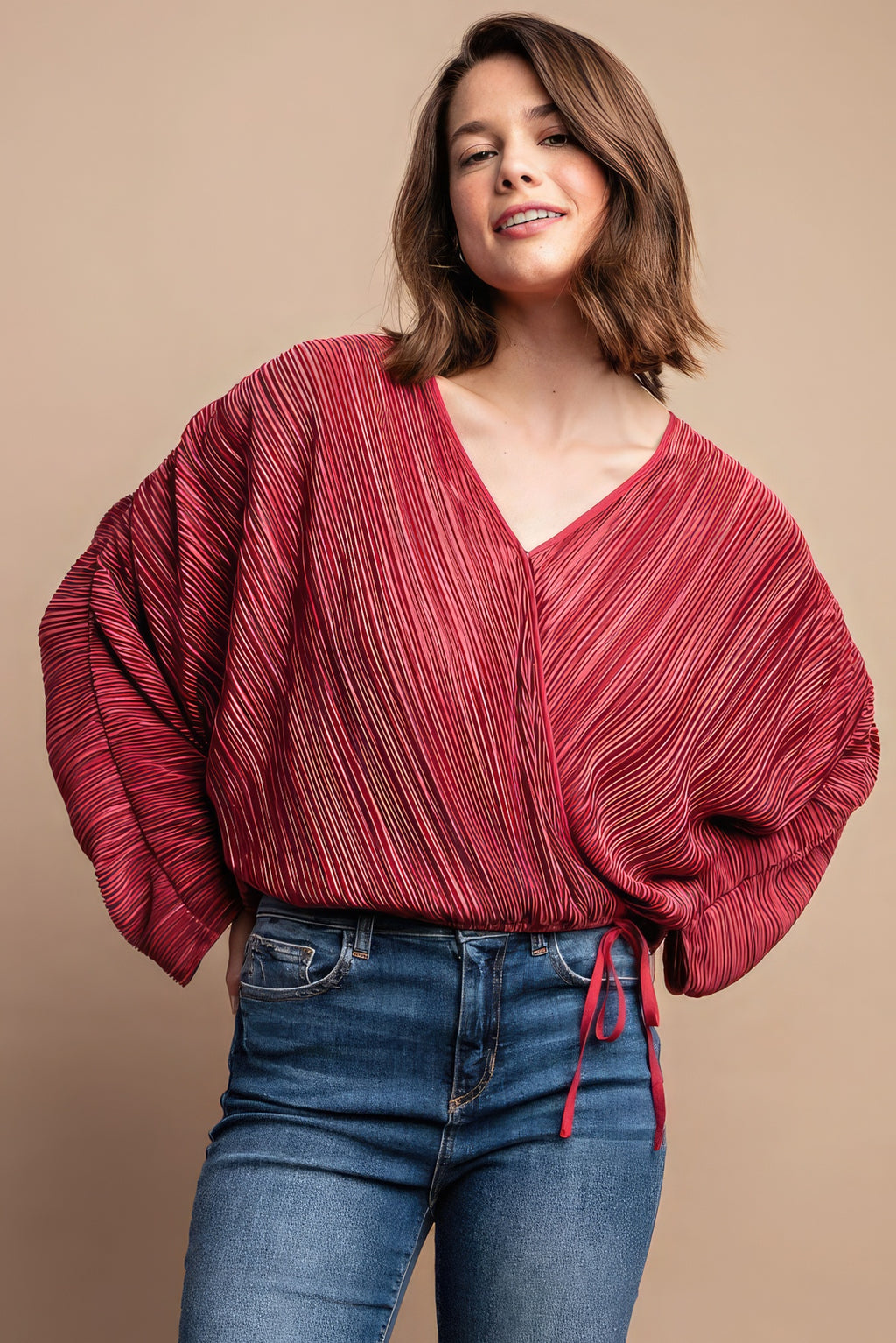 Burgundy Pleated Wrap Drawstring Blouse - L