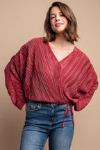Burgundy Pleated Wrap Drawstring Blouse - L