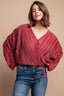 Burgundy Pleated Wrap Drawstring Blouse - L