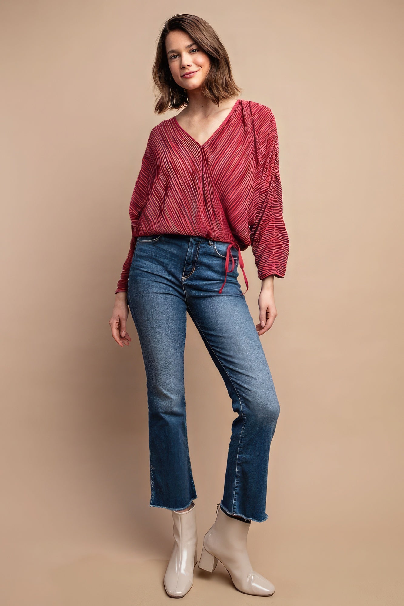 Burgundy Pleated Wrap Drawstring Blouse Secondary image