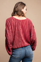 Burgundy Pleated Wrap Drawstring Blouse -