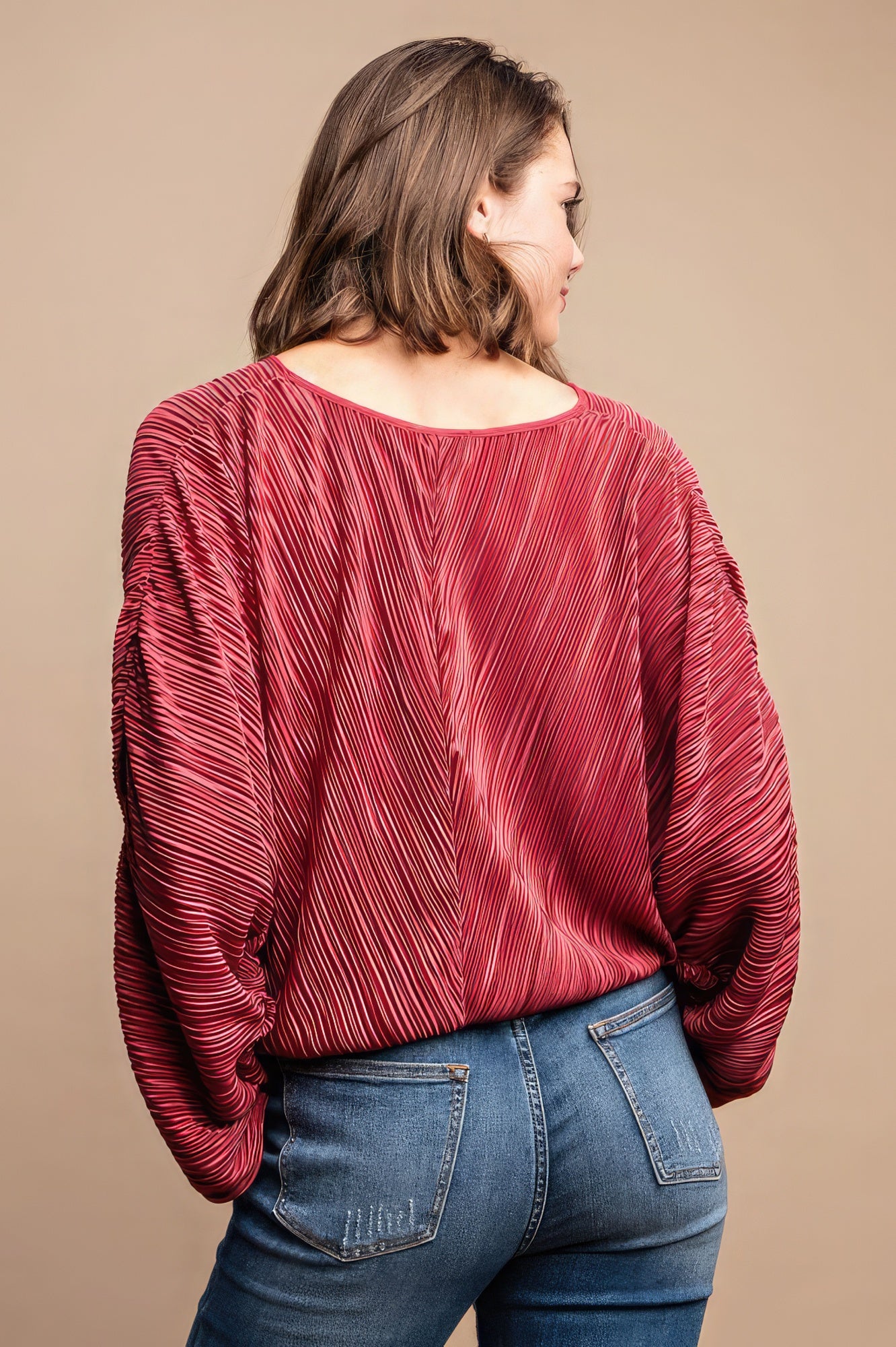 Burgundy Pleated Wrap Drawstring Blouse -