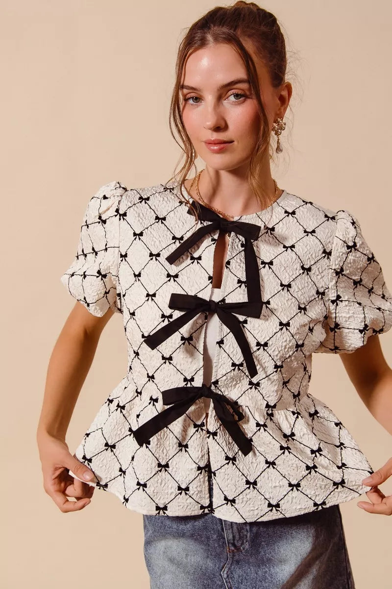 Contrast Bow Textured Peplum Top -