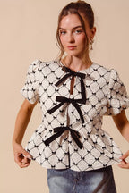 Contrast Bow Textured Peplum Top -