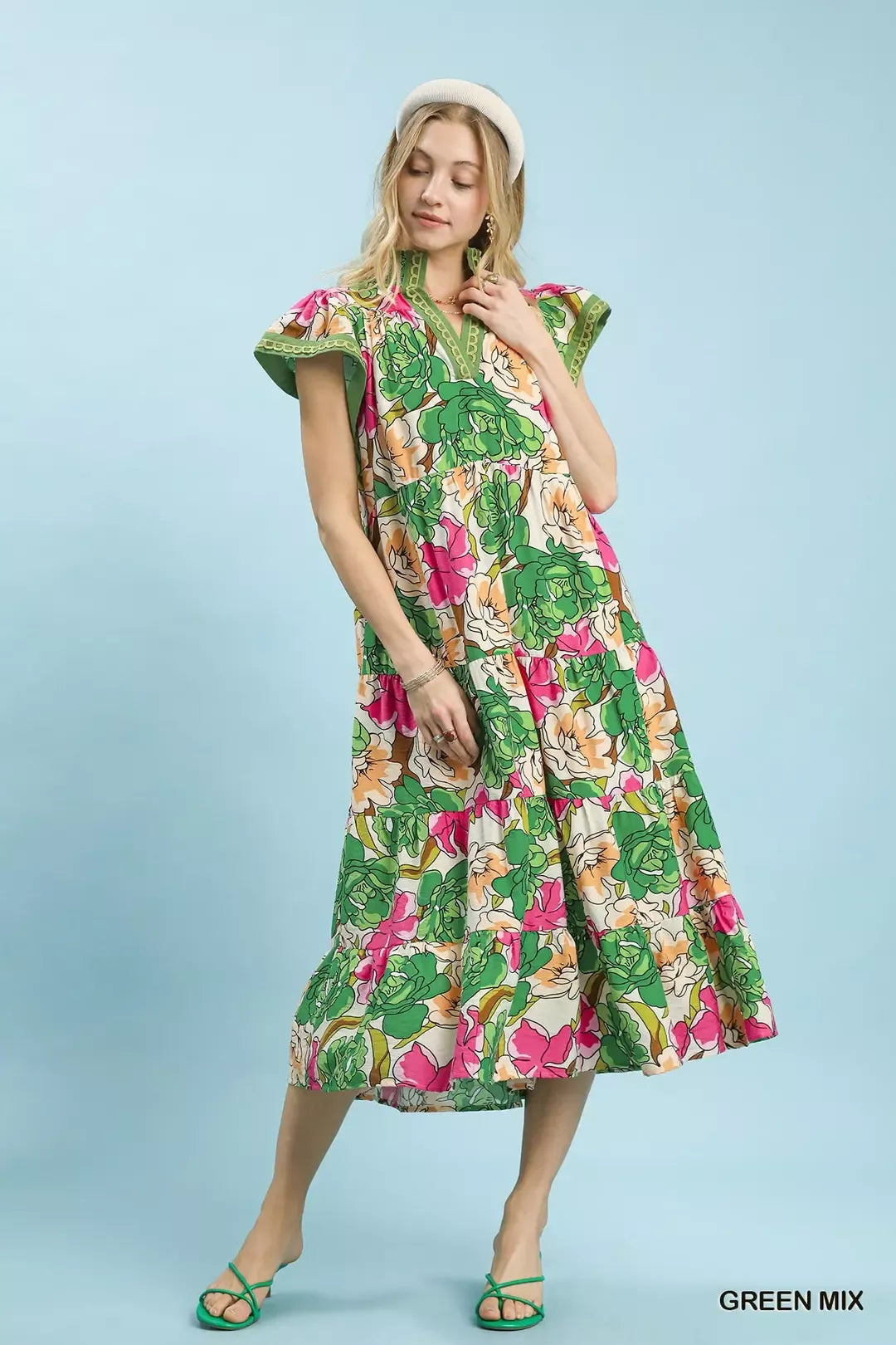 Bold Floral Tiered Midi Dress - GREEN MIX