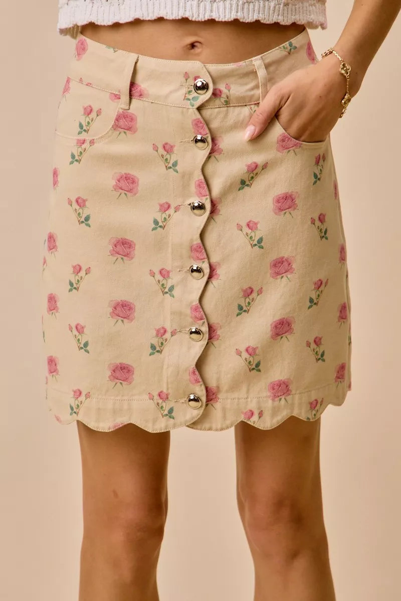 Rose Print Scallop Mini Skirt -