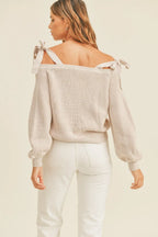 Off Shoulder Tie Strap Button Sweater -