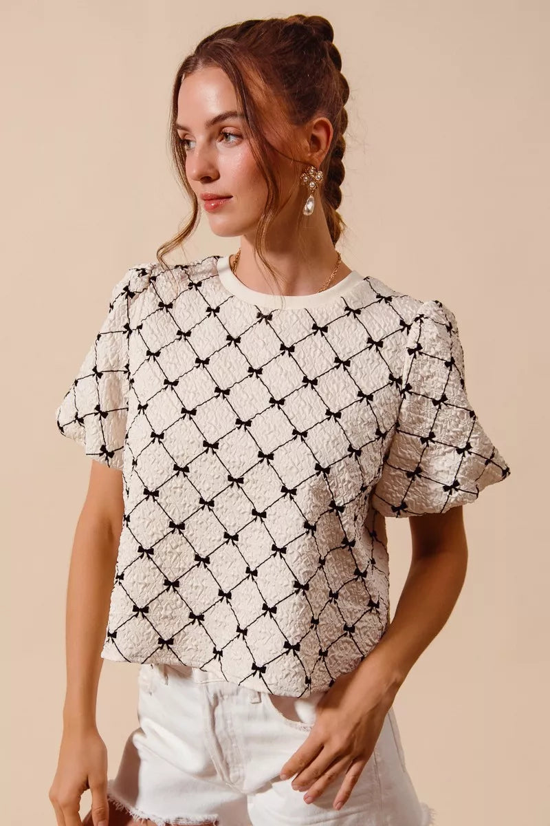 Textured Bubble Sleeve Woven Top -