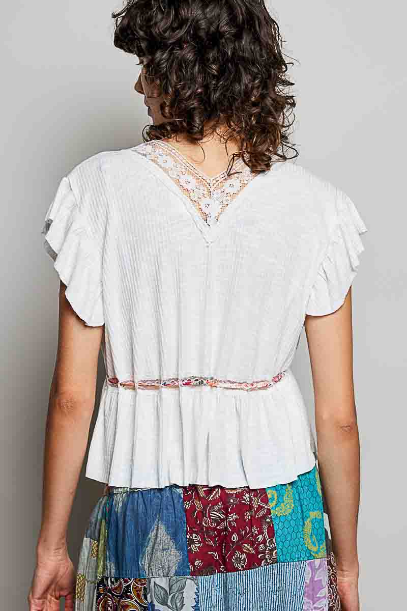 Lace Trim Tie Front Blouse -