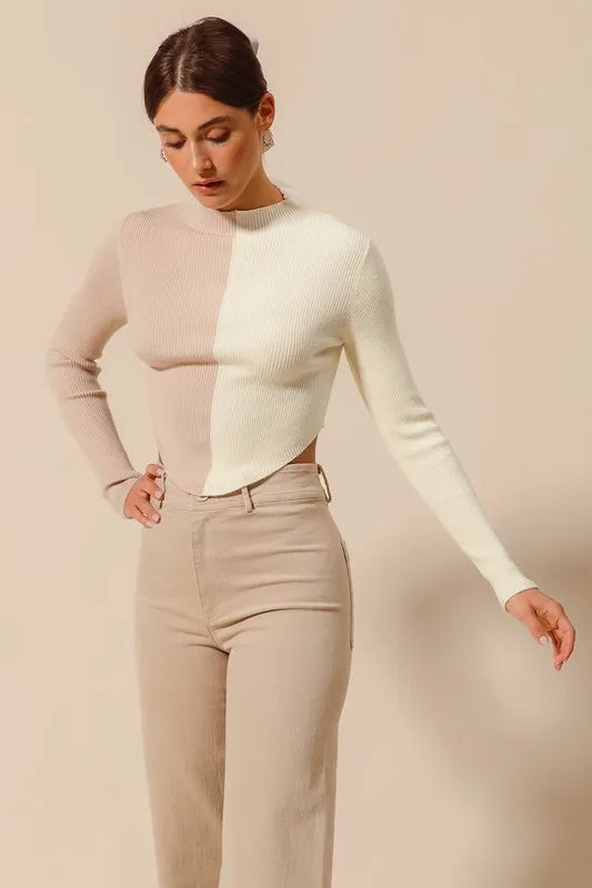 Fitted Color Block Crop Sweater -