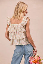 Floral Woven Bow Square Neck Top -