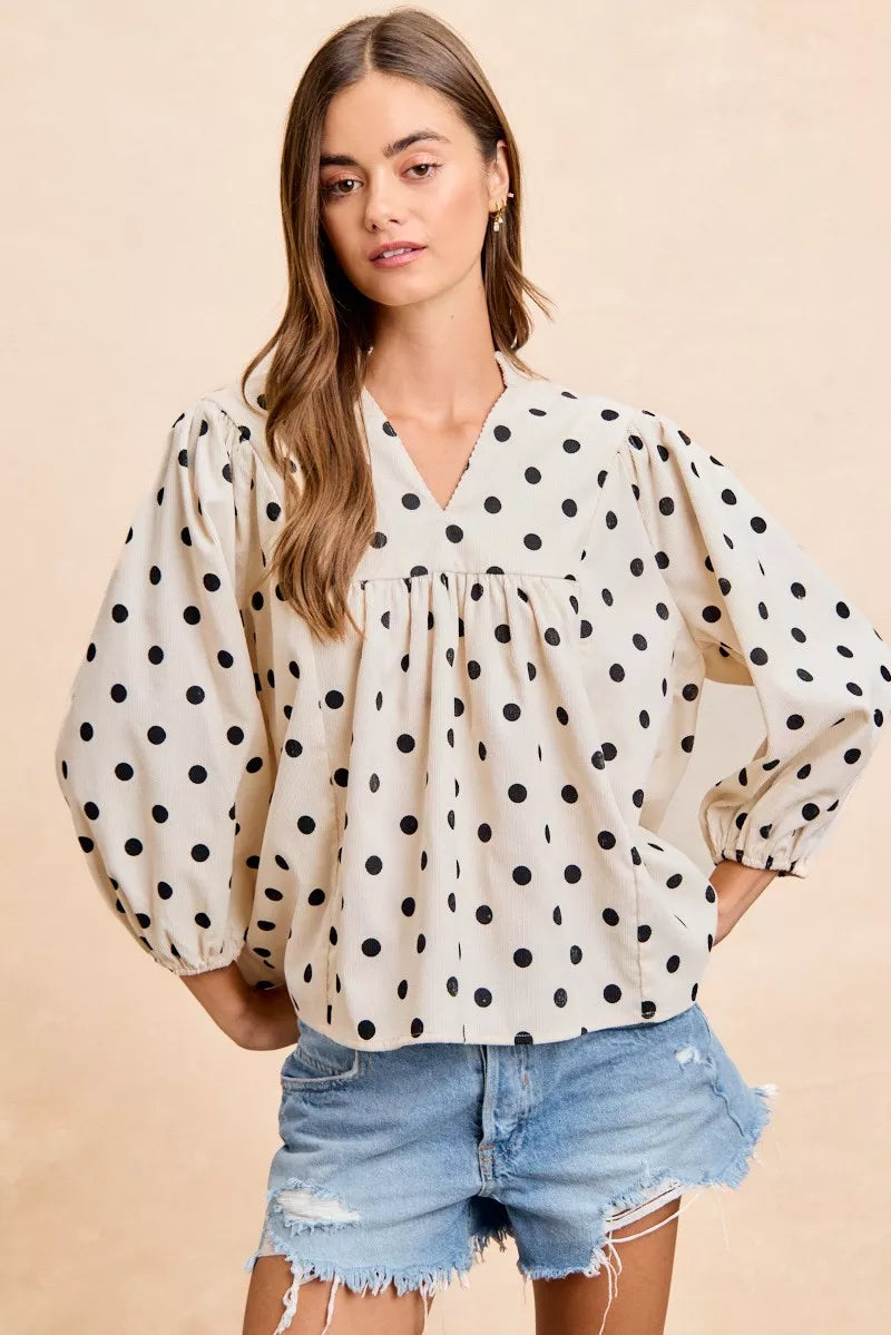 Polka Dot V Neck Blouse -