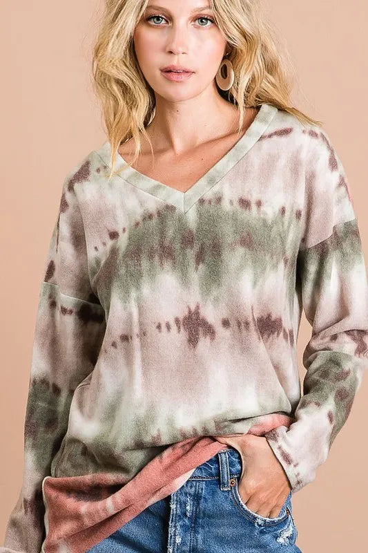 Brushed Tie Dye V Neck Top -