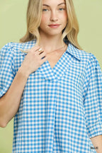 Blue Gingham Collared Puff Sleeve Blouse -