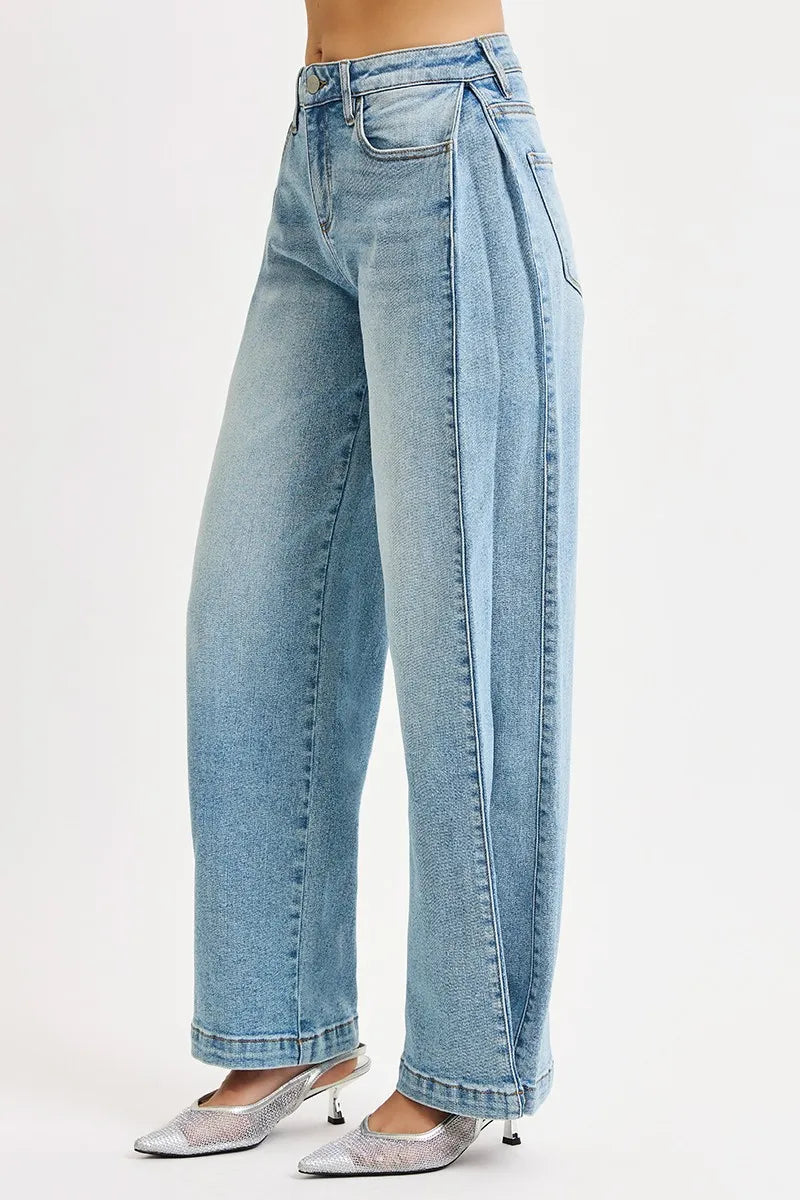 Mid Rise Snap Barrel Wide Jeans -