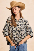 Floral Jacquard Short Dolman Sleeve Shirt -