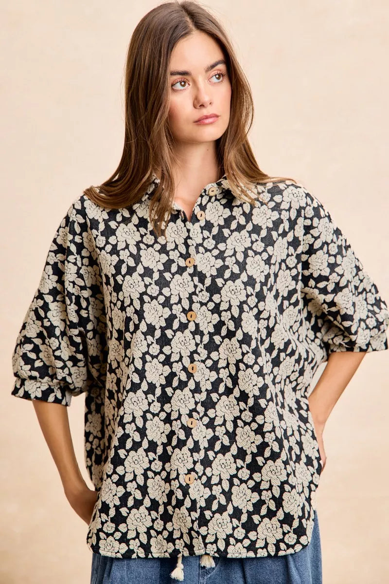Floral Jacquard Short Dolman Sleeve Shirt -