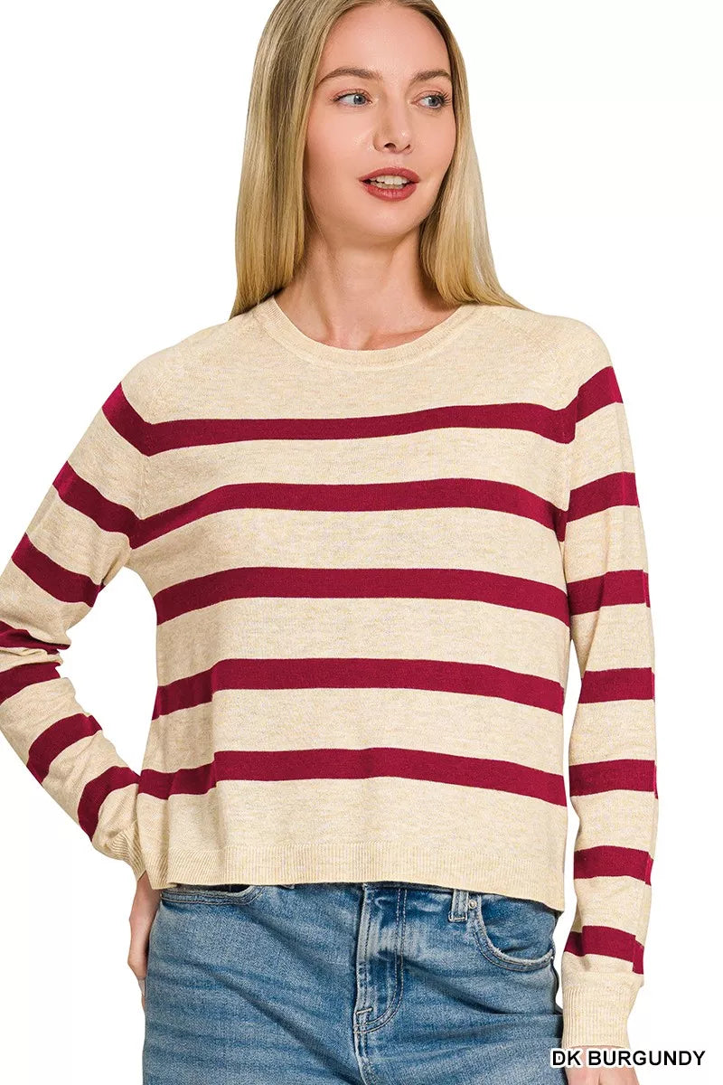 Lightweight Striped Wool Blend Sweater - DK BURGUNDY Main image