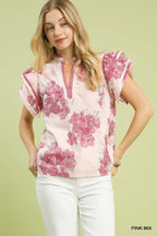 Floral Ruffle Split Neck Blouse - PINK MIX