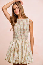 Floral Bow Tie Puff Sleeve Dress -