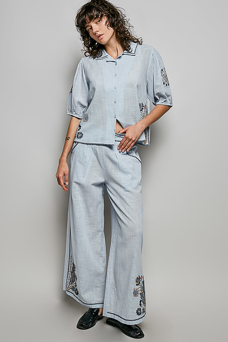 Embroidered Floral Button Down Shirt -