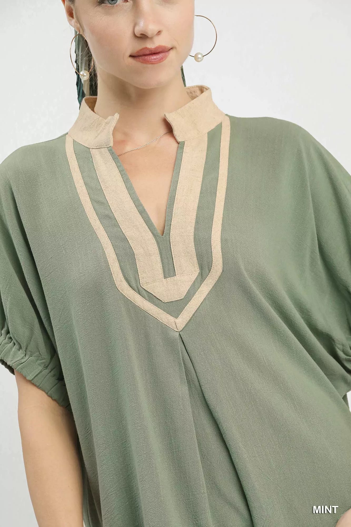Mint Linen Contrast Trim V Neck Blouse -