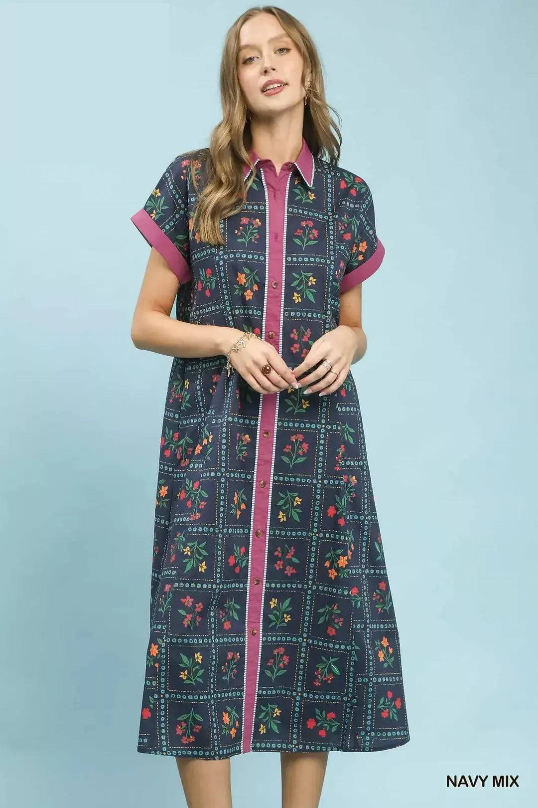 Mixed Floral Button Front Midi Dress -