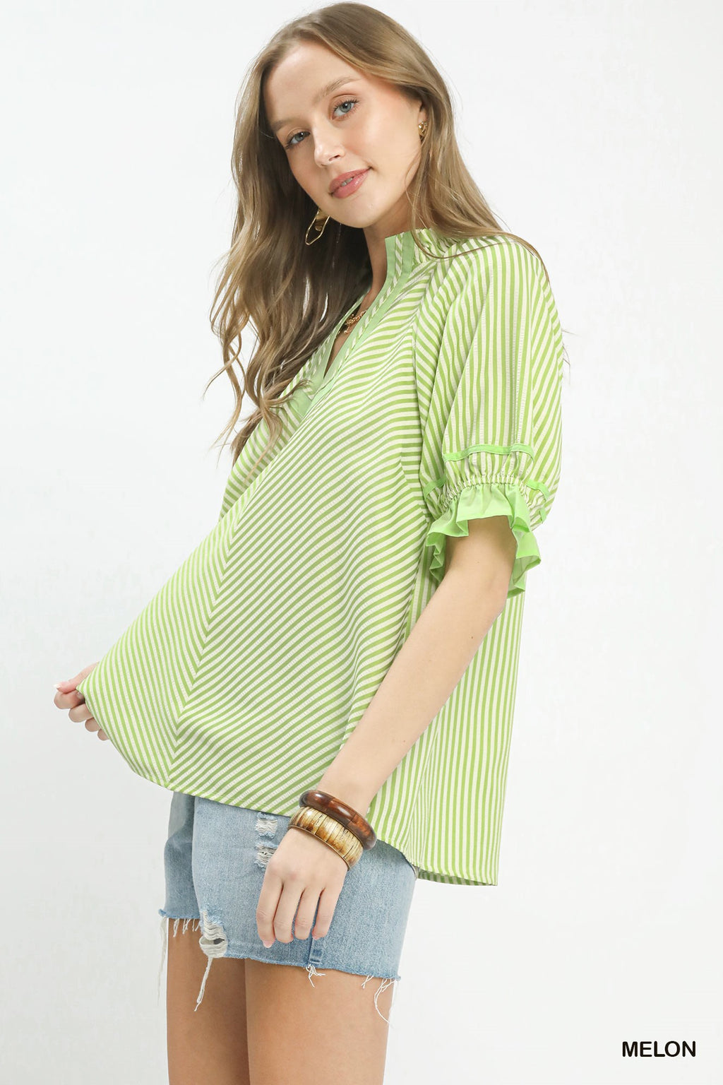 Stripe Ruffle Split Neck Blouse -