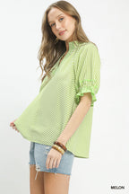 Stripe Ruffle Split Neck Blouse -