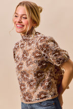 Textured Floral Mesh Puff Top -