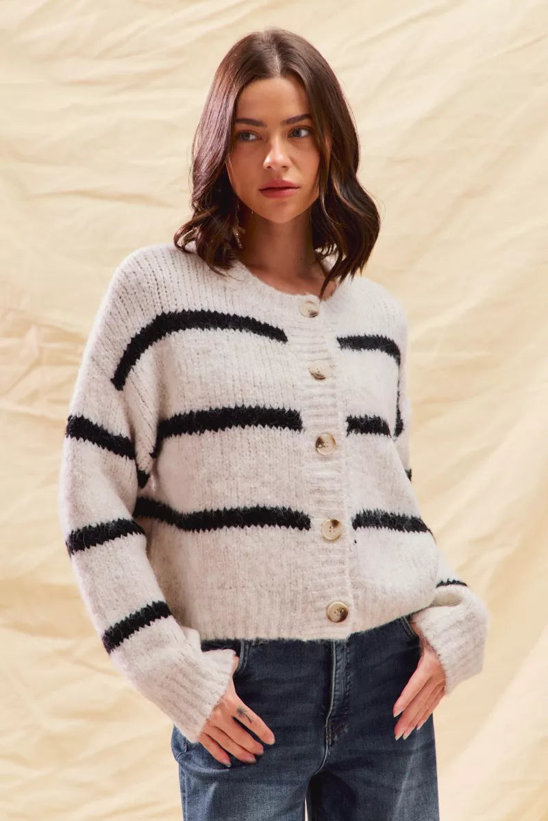 Soft Stripe Button Front Cardigan - MELANGE BLACK Main image