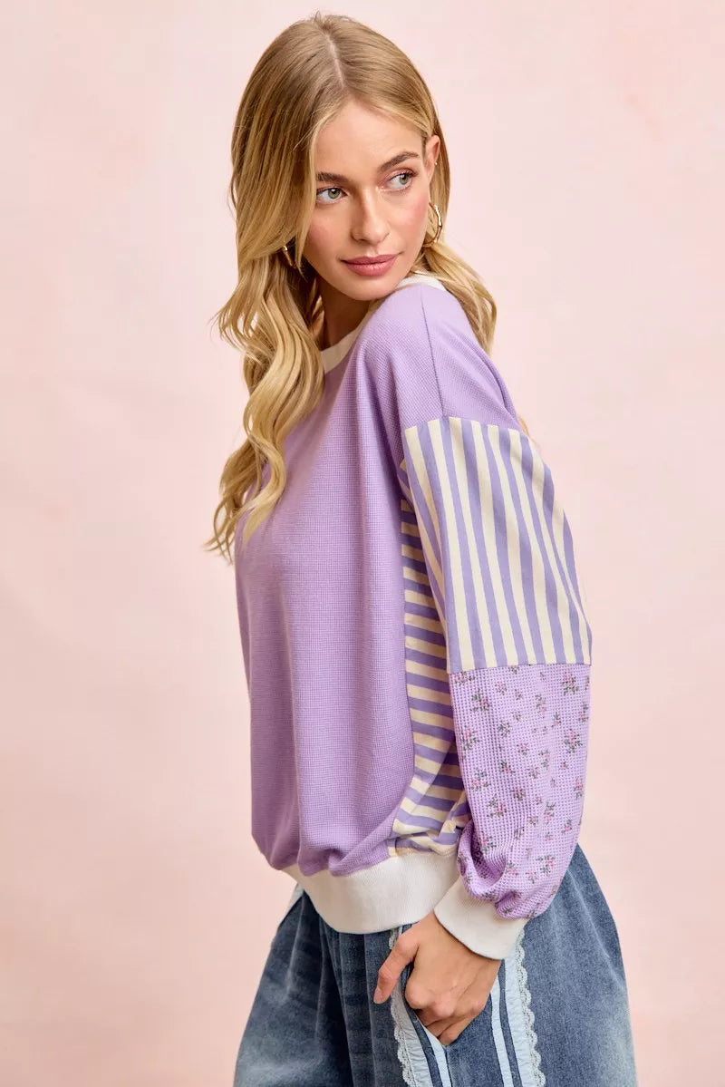Floral Sleeve Striped Mix Match Sweatshirt -