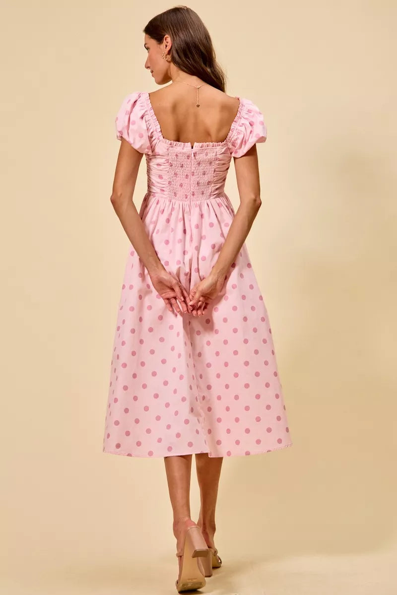 Polka Dot Puff Sleeve Midi Dress -