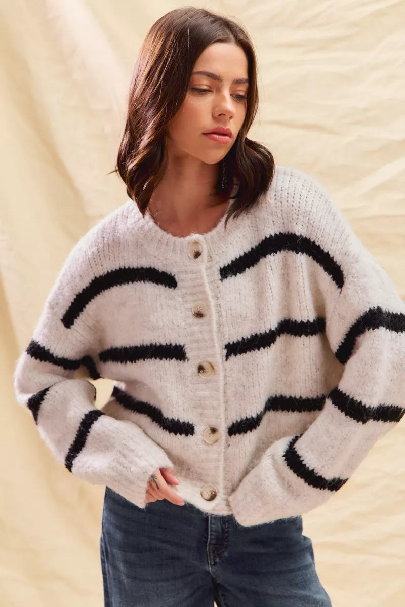 Soft Stripe Button Front Cardigan -