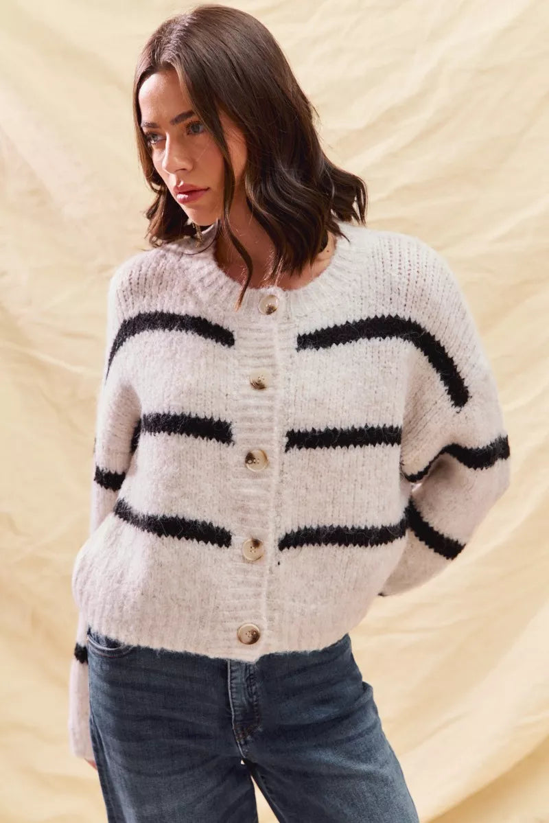 Soft Stripe Button Front Cardigan -