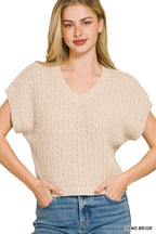 Textured Knit V-Neck Crop Sweater - SAND BEIGE