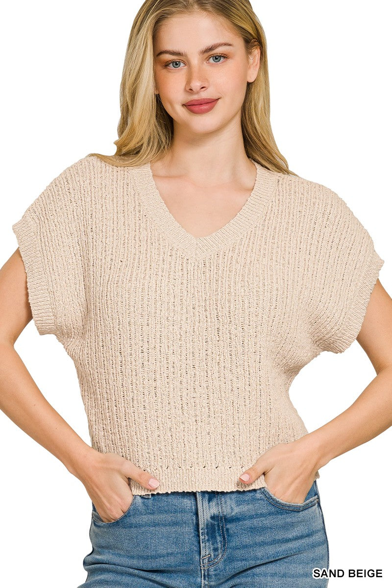 Textured Knit V-Neck Crop Sweater - SAND BEIGE
