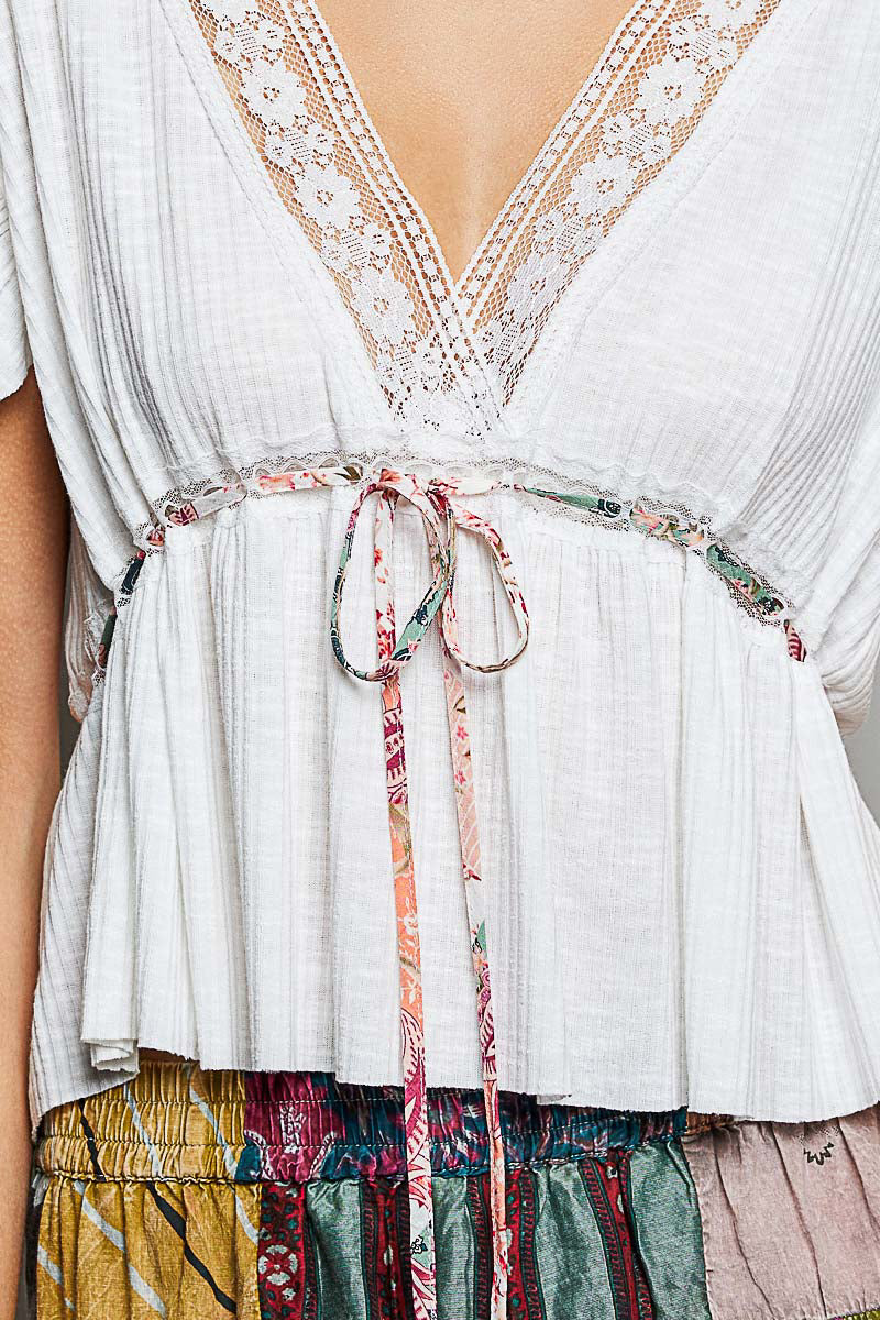 Lace Trim Tie Front Blouse -
