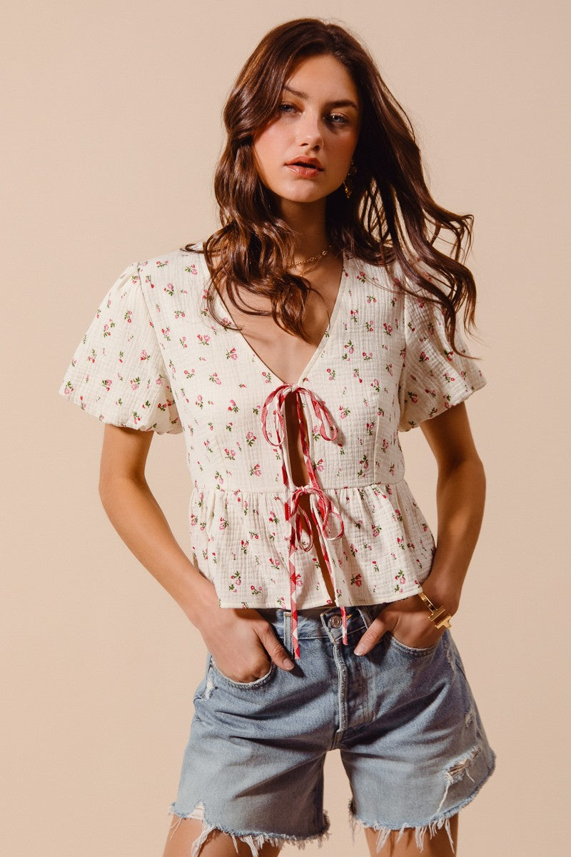 Ditsy Tie-Front Gauze Blouse - IVORY RED CHECK Main image