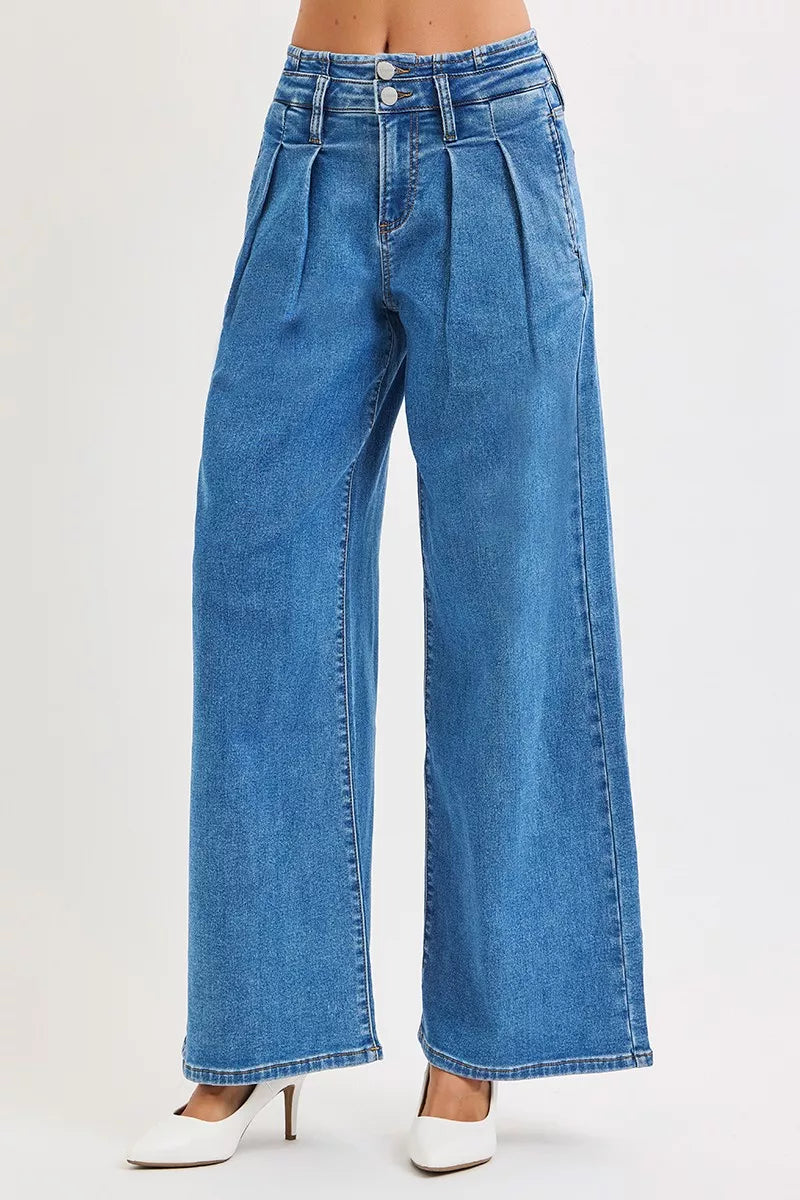 Mid Rise Pleated Wide Leg Jeans -