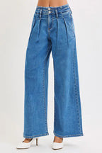 Mid Rise Pleated Wide Leg Jeans -