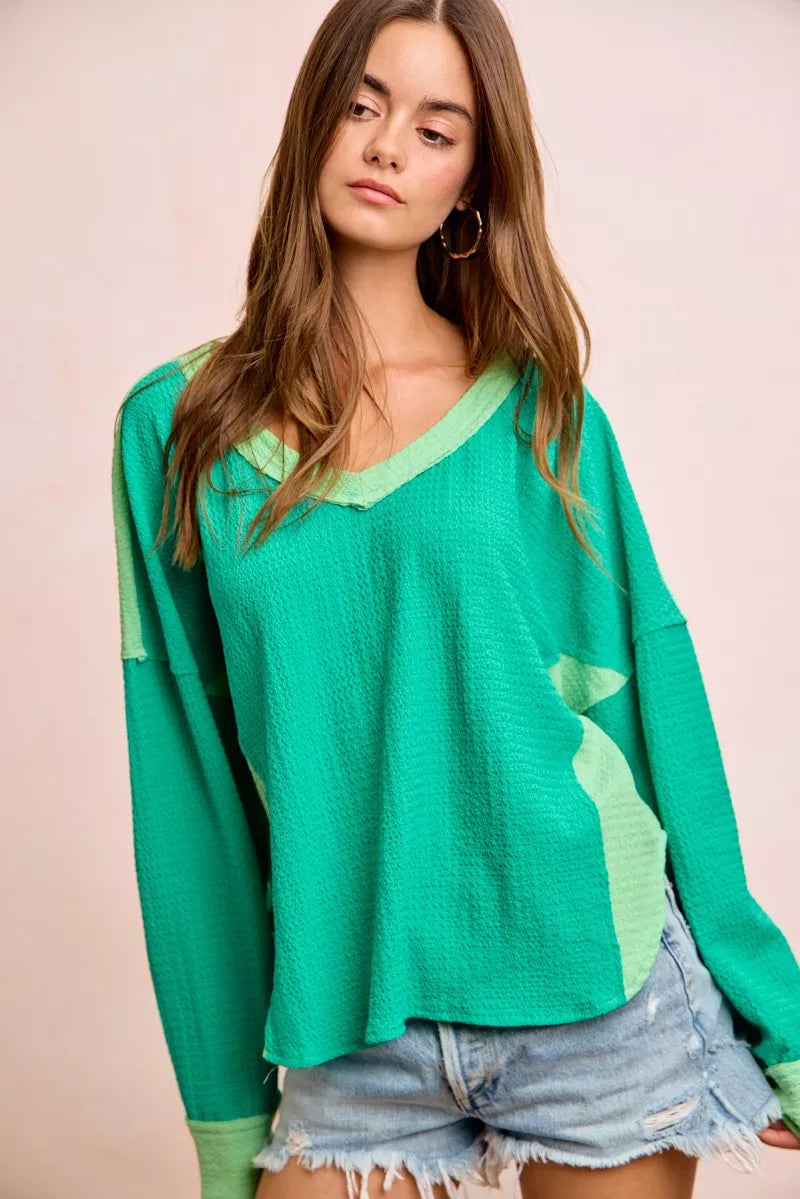 Textured Color Block V-Neck Pullover -