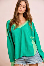 Textured Color Block V-Neck Pullover -