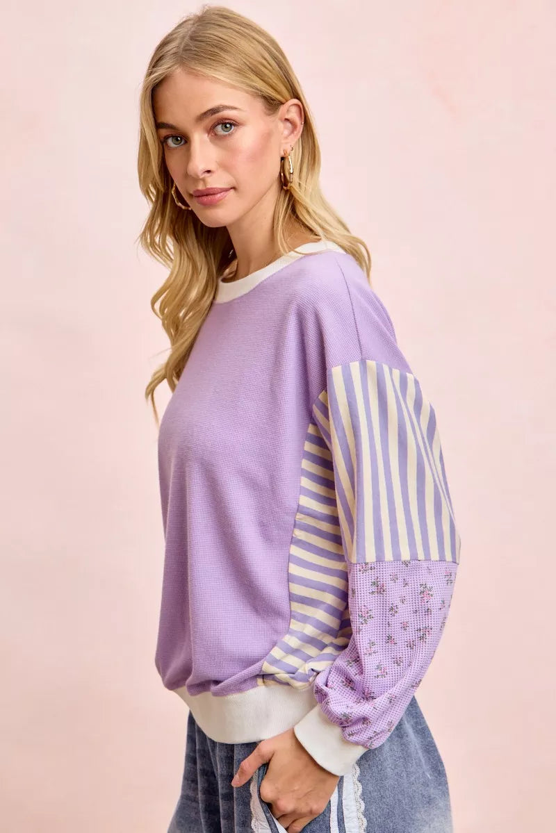 Floral Sleeve Striped Mix Match Sweatshirt -